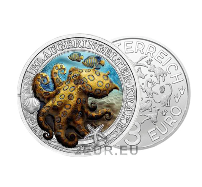 Österreich 3 Euro Münze 2022 - Lebendiges Meeresleben - Blaugeringelter Oktopus