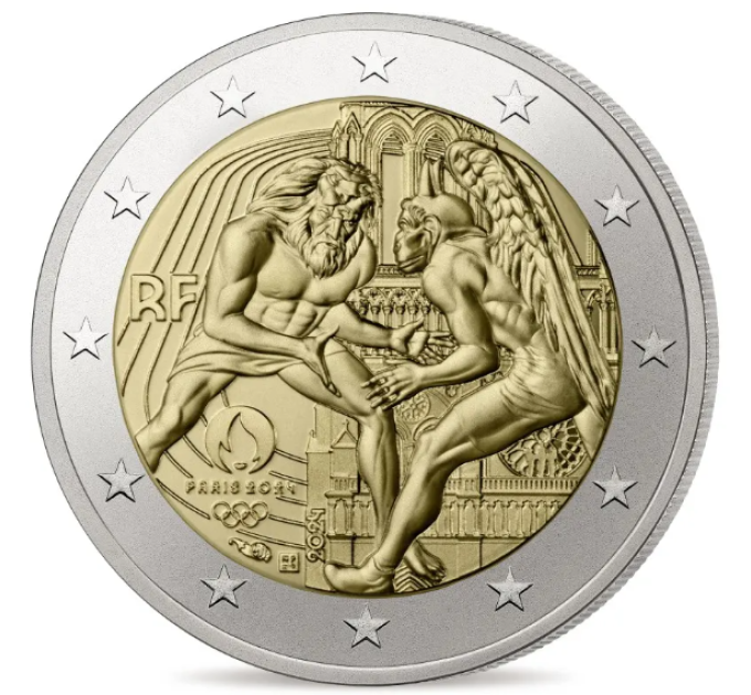 Frankreich 2 Euro UNC 2024 - Olympische Spiele Paris 2024 – Herkules übt Wrestling - Notre Dame