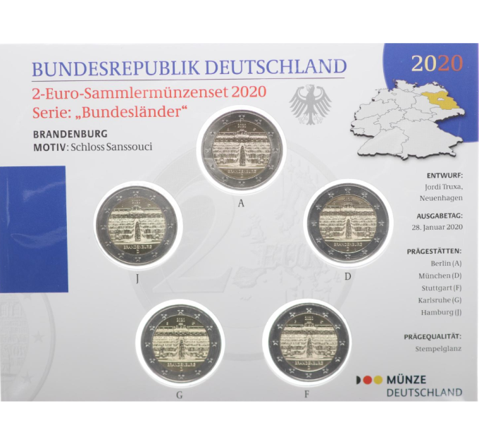 Deutschland 2 Euro-Münzsatz BU 2020 – Brandenburg - Schloss Sanssouci – ADFGJ
