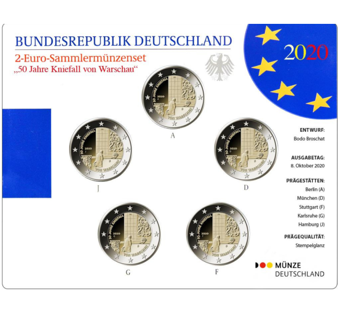  Deutschland 2 Euro-Münzsatz BU 2020 – 50 Jahre seit dem Kniefall von Warschau – Warschauer Kniefall – ADFGJ