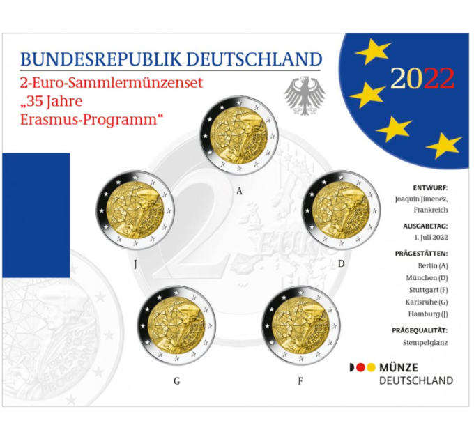  Deutschland 2 Euro-Münzsatz BU 2022 – 35 Jahre Erasmus – ADFGJ