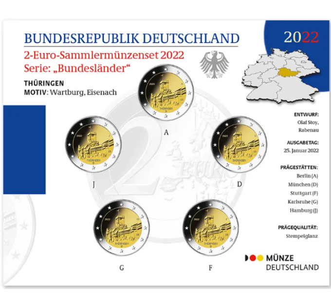  Deutschland 2 Euro-Münzsatz BU 2022 – Thüringen. Wartburg – ADFGJ