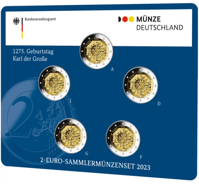  Deutschland 2 Euro-Münzsatz BU 2023 – 1275. Jahrestag der Geburt Karls des Großen – ADFGJ