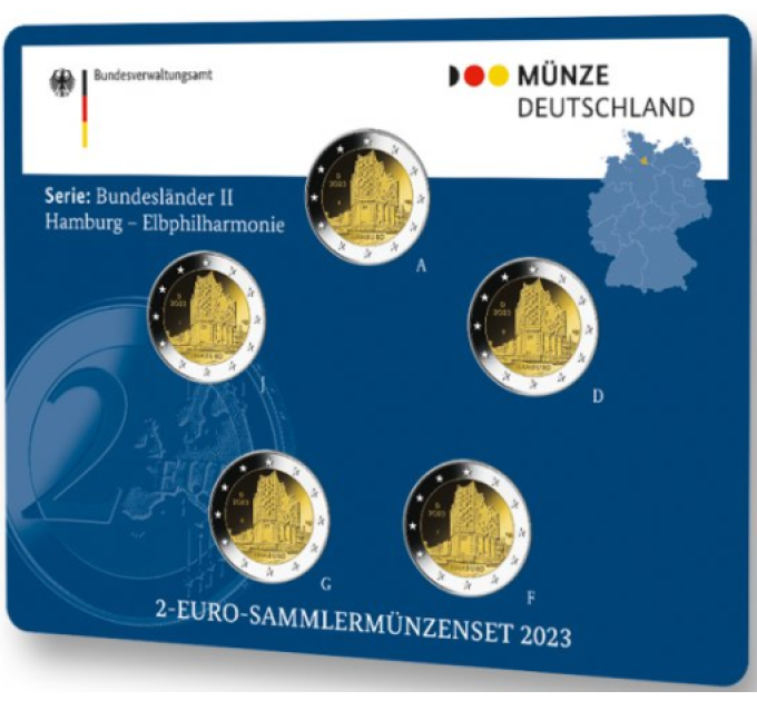  Deutschland 2 Euro-Münzsatz BU 2023 – Hamburg - Elbphilharmonie – ADFGJ