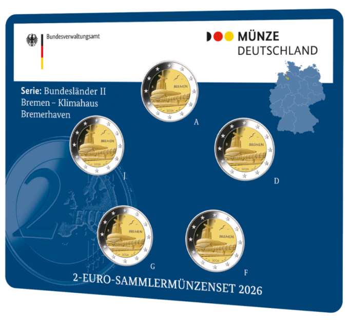  Deutschland 2 Euro-Münzsatz BU 2026 – Bremen – ADFGJ