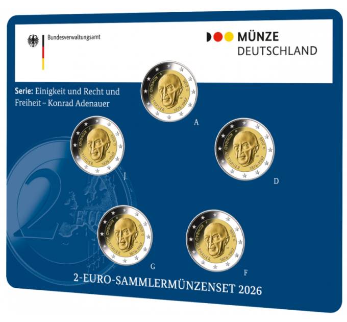  Deutschland 2 Euro-Münzsatz BU 2026 – Konrad Adenauer – ADFGJ