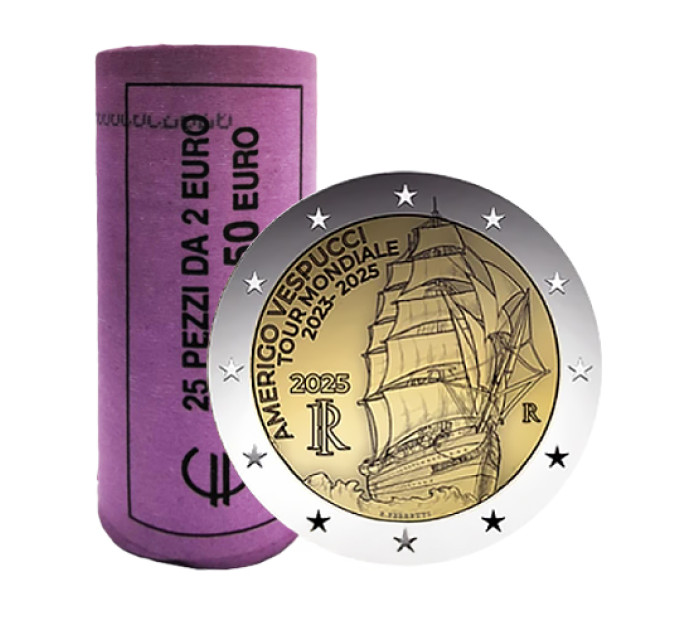 Italien 2 euro UNC roll 2025 – Reise des Schiffes Amerigo Vespucci
