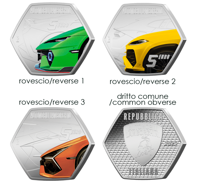 Italien 5 Euro Silber BU 2025 - Italienische Exzellenzen - Lamborghini-Autos - Triptychon