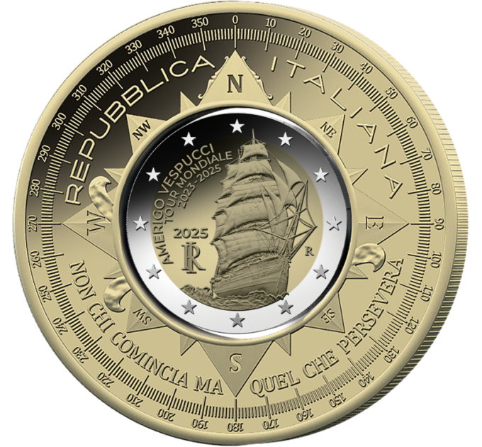 Italien 2 euro + 10 euro Proof 2025 – Reise des Schiffes Amerigo Vespucci