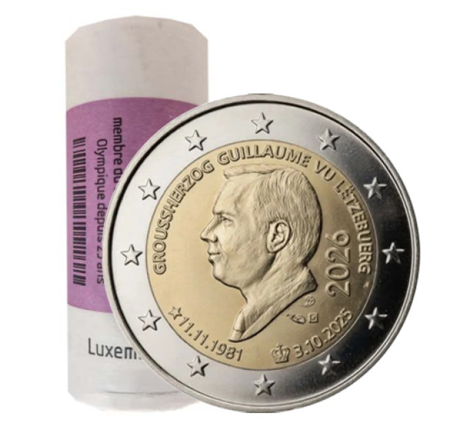 Luxemburg 2 Euro UNC rollen 2026 – Thronbesteigung von Großherzog Guillaume und sein 45. Geburtstag