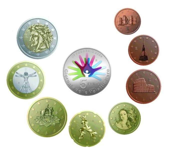 Italien Euro set BU + 5-Euro-Silbermünze 2024 - 25. Jahrestag der Gründung der Italienischen Föderation für seltene Krankheiten