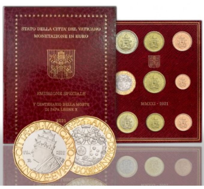 Vatikan set BU + 5 EURO 2021 - 500. Todestag von Papst Leo X.