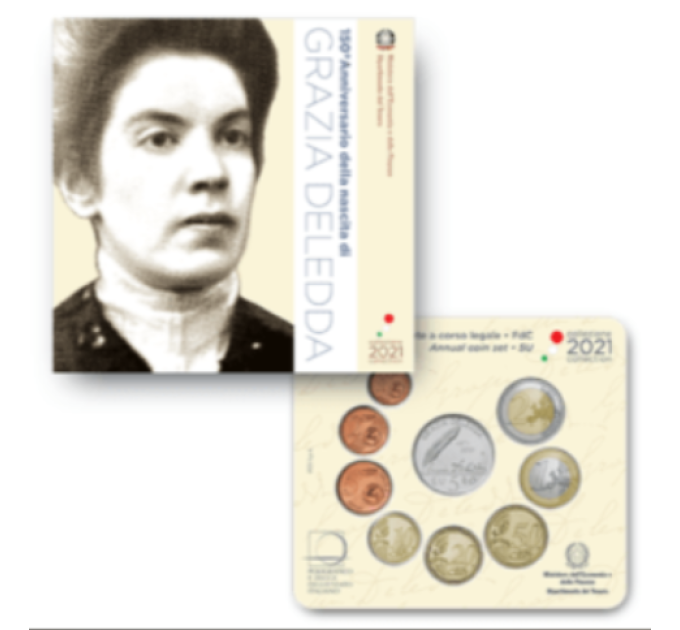 Italien Euro set BU + 5-Euro-Silbermünze 2021 - Grazia Deledda